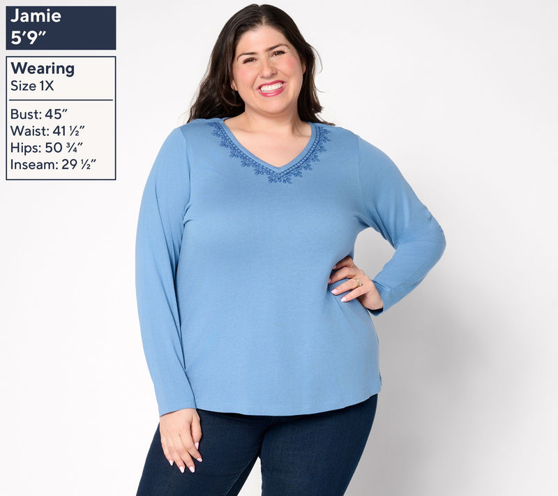Denim & Co. Long Sleeve Embroidered V-Neck Knit Top — View 2