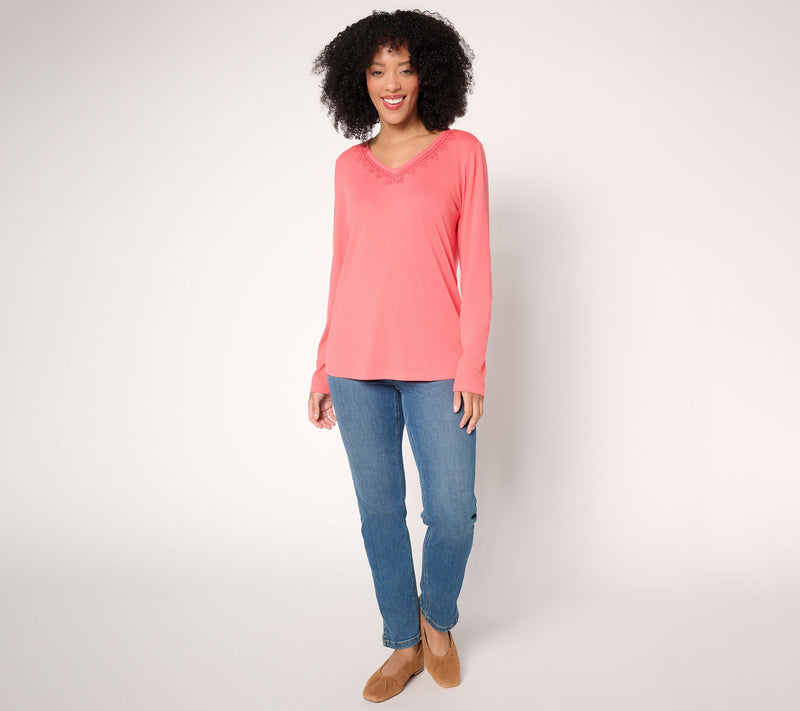 Denim & Co. Long Sleeve Embroidered V-Neck Knit Top — View 5