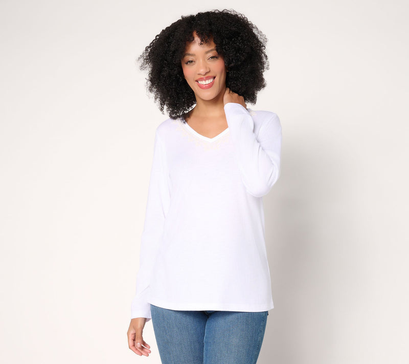 Denim & Co. Long Sleeve Embroidered V-Neck Knit Top — View 10