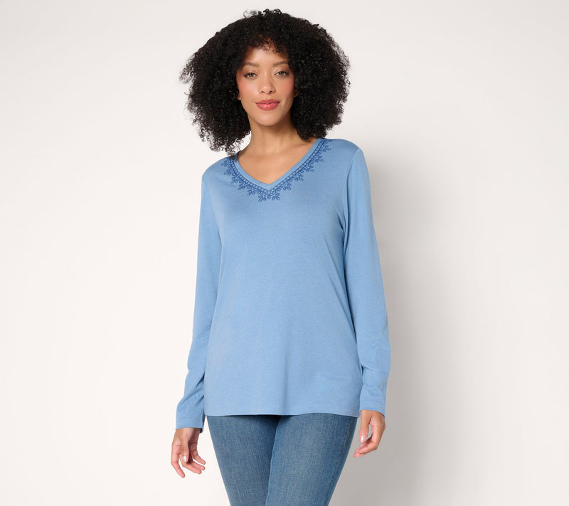 Denim & Co. Long Sleeve Embroidered V-Neck Knit Top — View 11