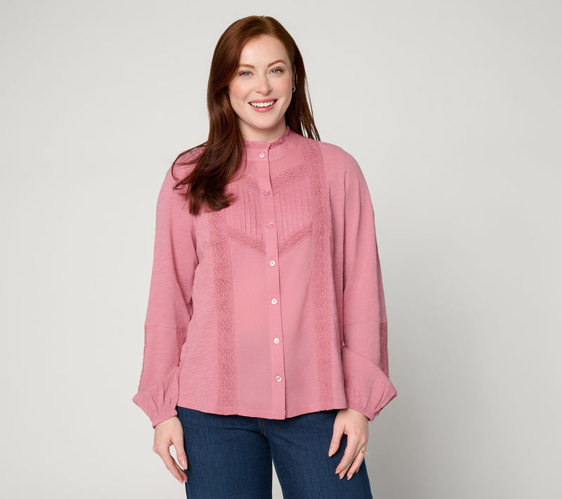 LOGO Lavish by Lori Goldstein 100% Cotton Long Sleeve Woven Blouse — View 11