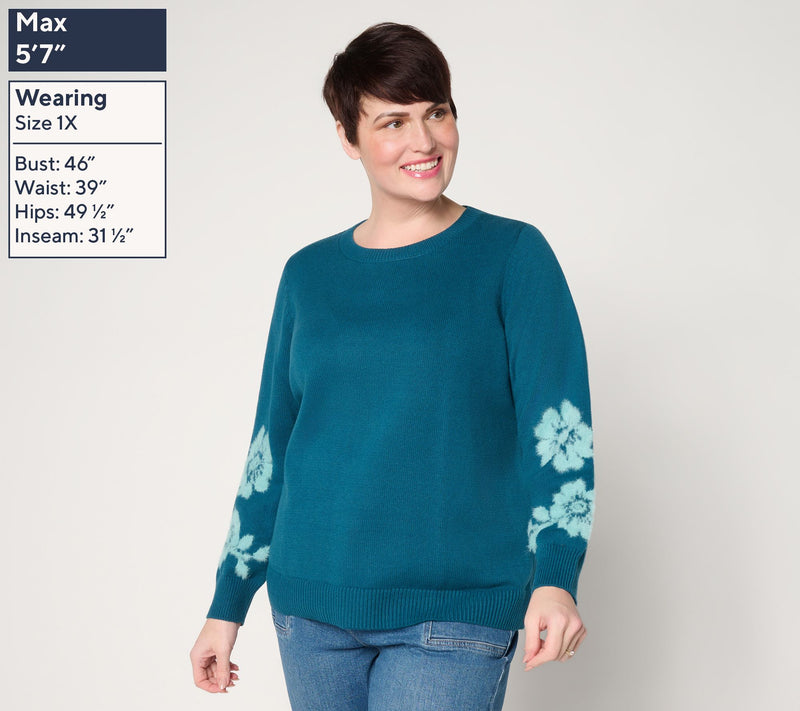 Susan Graver Textured Floral Crew Neck Sweater — View 4