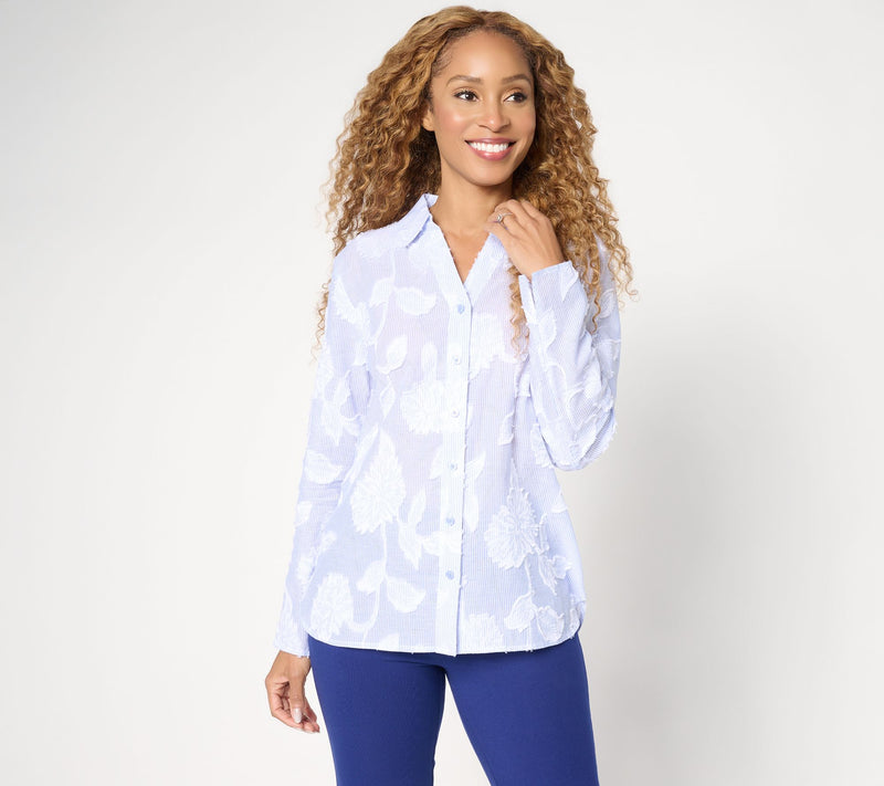 Women with Control Woven Jacquard Button Front Top — View 11