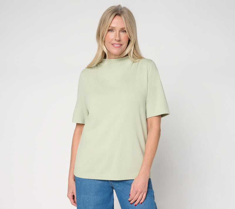 Peace Love World Shirred Shoulder Funnel Neck Tee — Main view