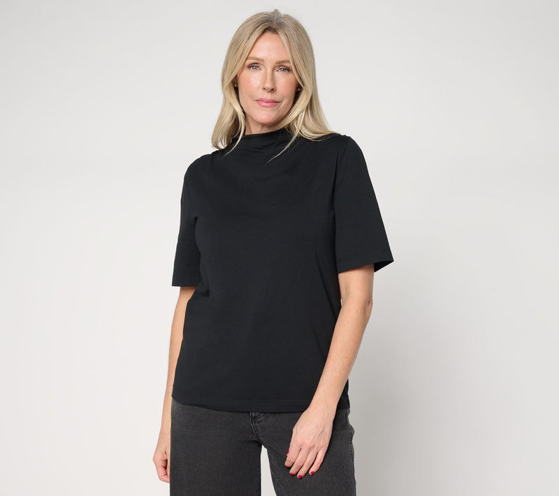 Peace Love World Shirred Shoulder Funnel Neck Tee — View 11