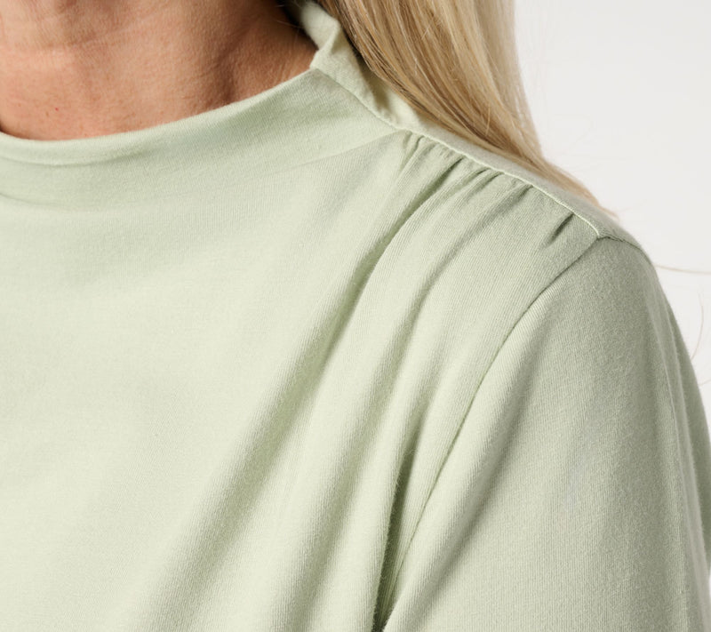 Peace Love World Shirred Shoulder Funnel Neck Tee — View 6