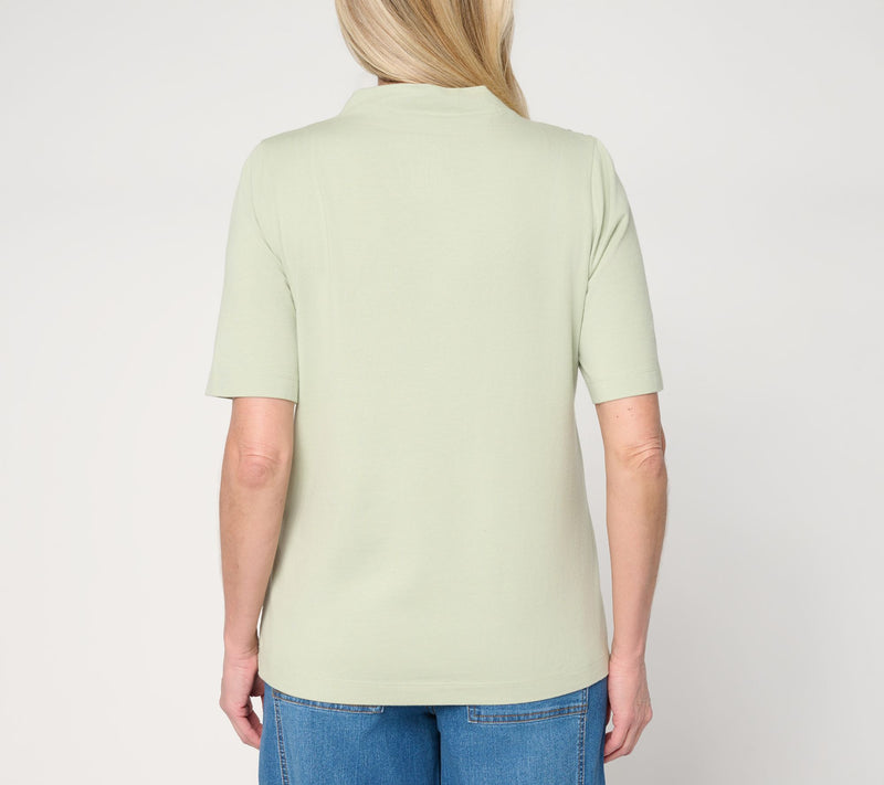 Peace Love World Shirred Shoulder Funnel Neck Tee — View 4