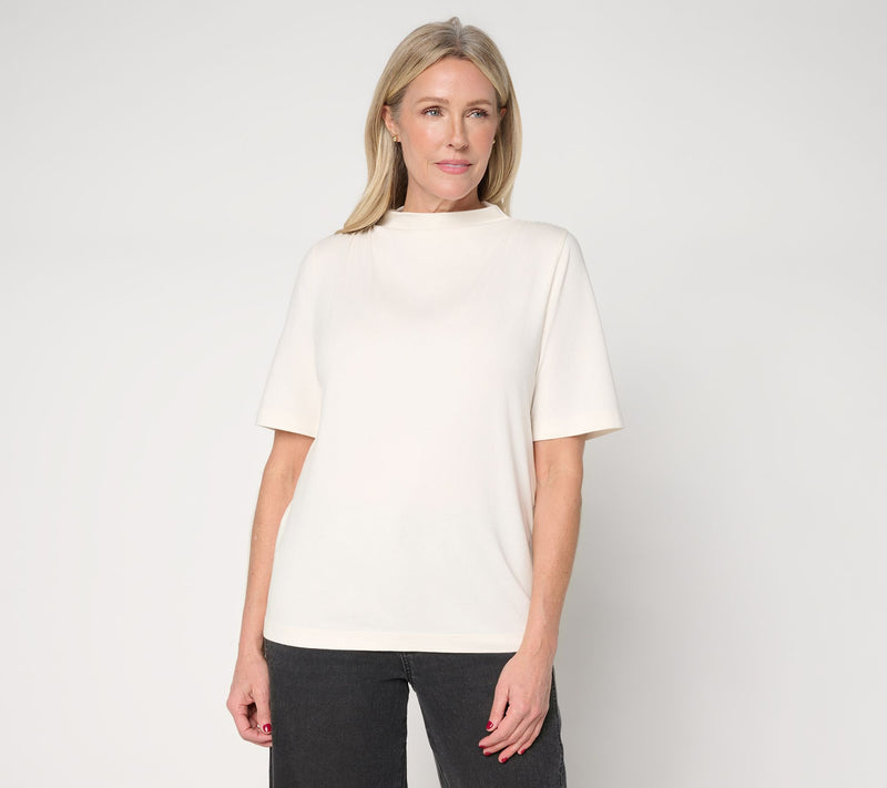 Peace Love World Shirred Shoulder Funnel Neck Tee — View 14