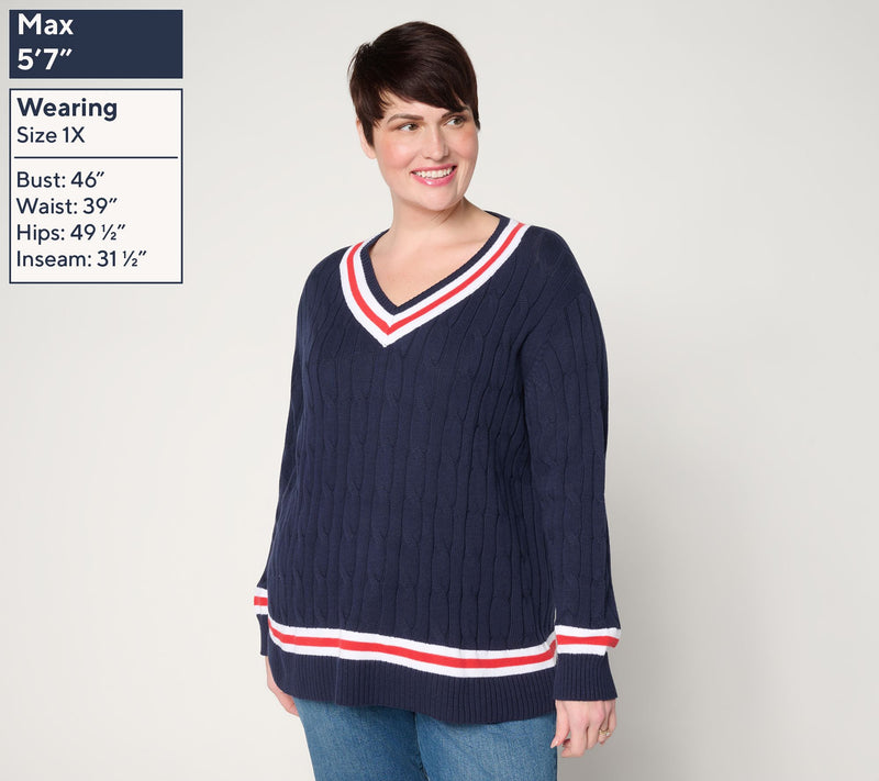 Joan Rivers Cable Knit V-Neck Sweater with Tipping — View 2