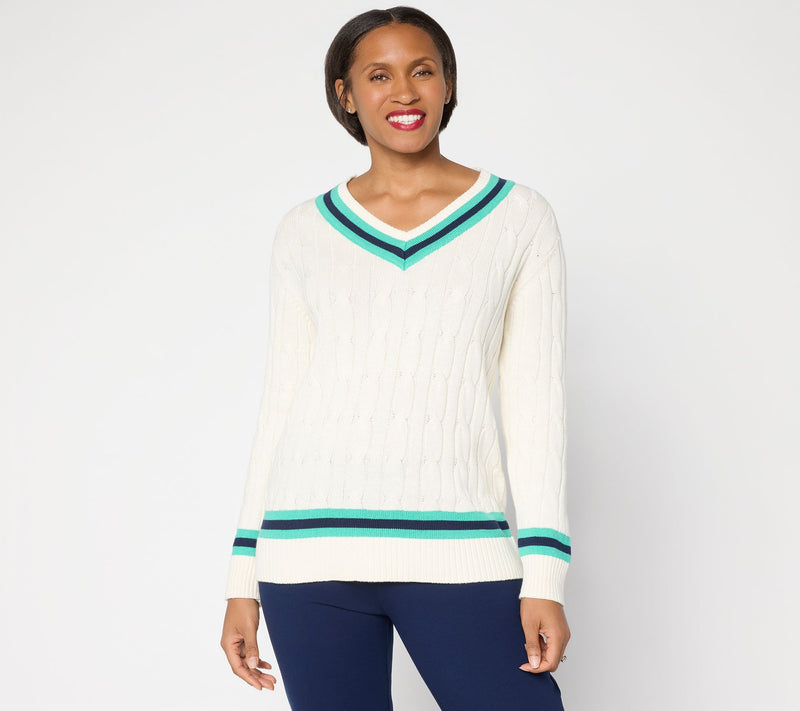 Joan Rivers Cable Knit V-Neck Sweater with Tipping — View 11