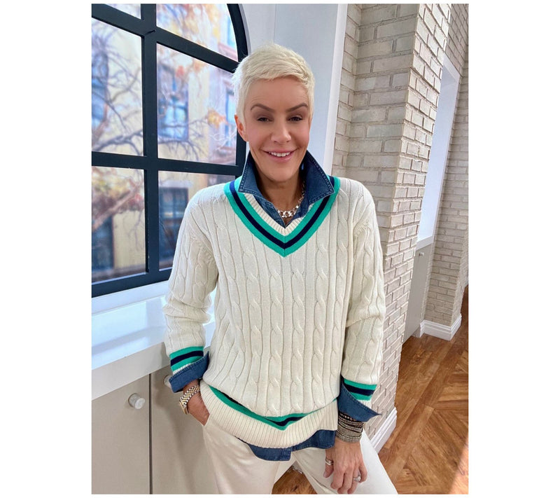 Joan Rivers Cable Knit V-Neck Sweater with Tipping — View 7