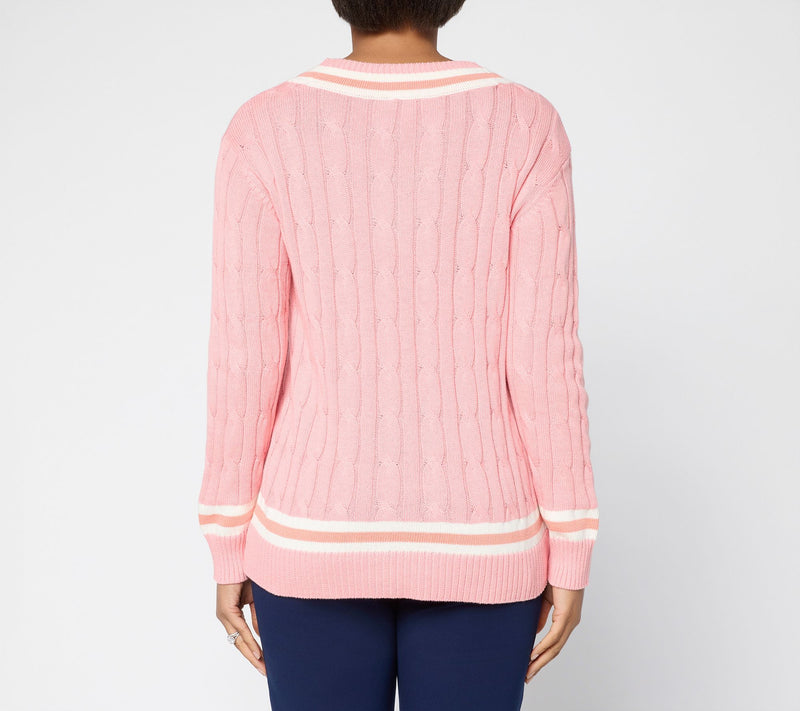 Joan Rivers Cable Knit V-Neck Sweater with Tipping — View 4