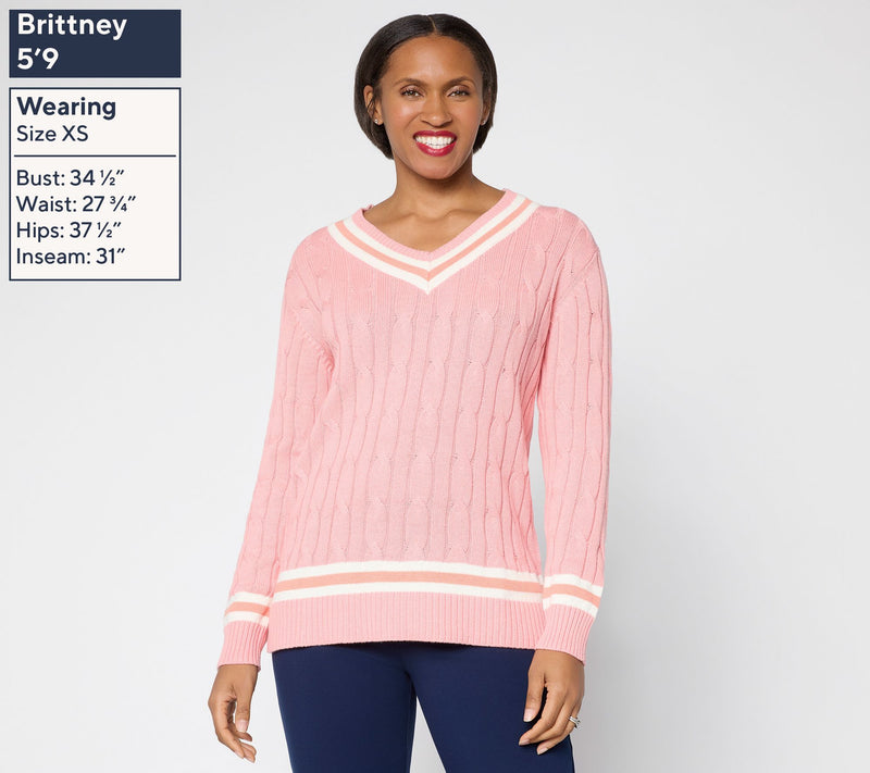 Joan Rivers Cable Knit V-Neck Sweater with Tipping — View 3