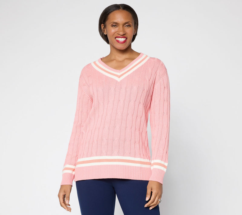 Joan Rivers Cable Knit V-Neck Sweater with Tipping — Main view