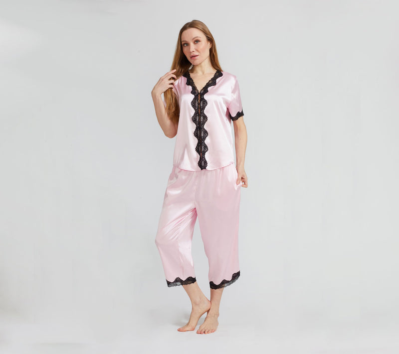 Randy Fenoli Sleepwear Satin Contrast Lace Trim Pajama Set — View 11