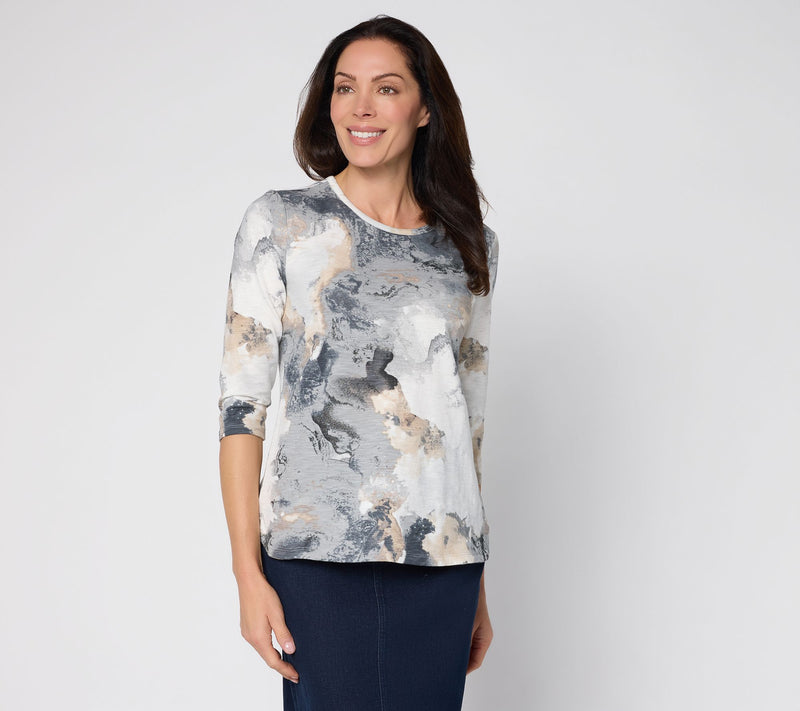 Denim & Co. Printed Texture Knit 3/4 Sleeve Rounded Hem Top — View 11