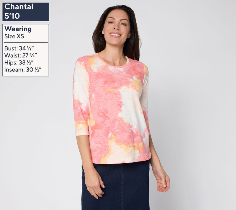 Denim & Co. Printed Texture Knit 3/4 Sleeve Rounded Hem Top — View 3