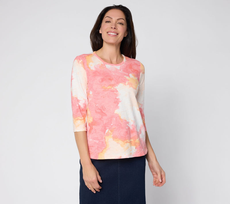 Denim & Co. Printed Texture Knit 3/4 Sleeve Rounded Hem Top — Main view