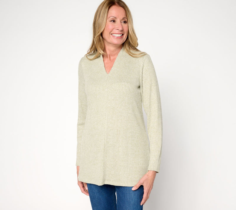 Denim & Co. Regular Drop Needle Rib Long Sleeve V-Neck Tunic — View 9