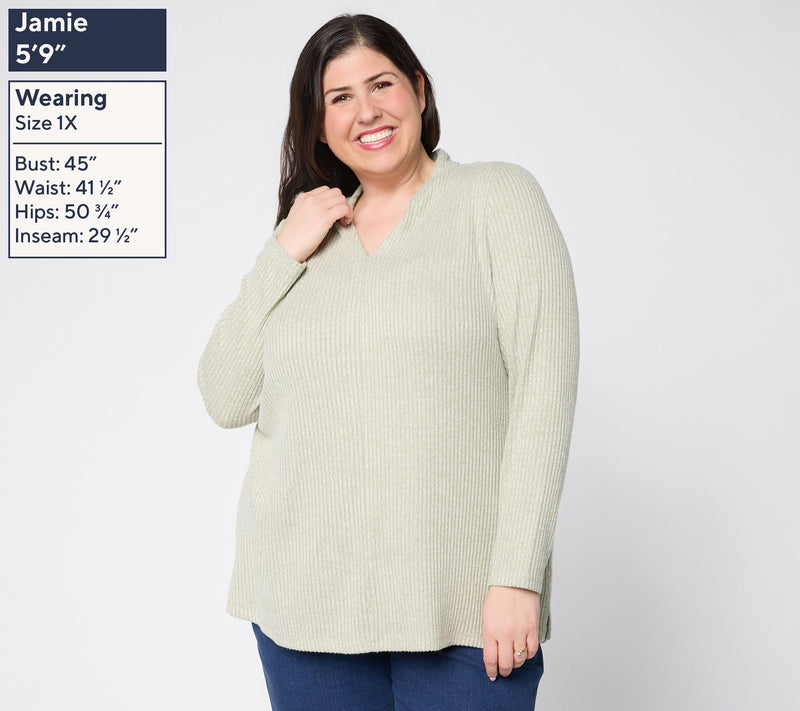 Denim & Co. Petite Drop Needle Rib Long Sleeve V-Neck Tunic — View 10