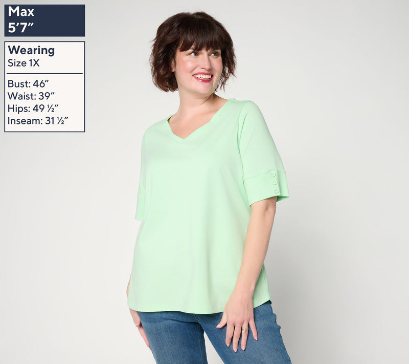 Denim & Co. Perfect Jersey Elbow Sleeve Top with Button Detail — View 2