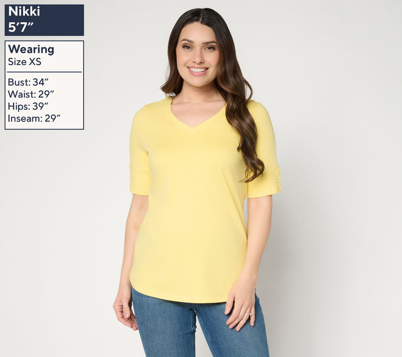 Denim & Co. Perfect Jersey Elbow Sleeve Top with Button Detail — View 3
