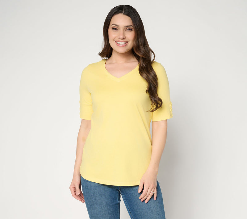 Denim & Co. Perfect Jersey Elbow Sleeve Top with Button Detail — Main view