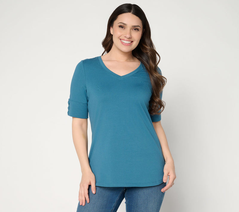 Denim & Co. Perfect Jersey Elbow Sleeve Top with Button Detail — View 13