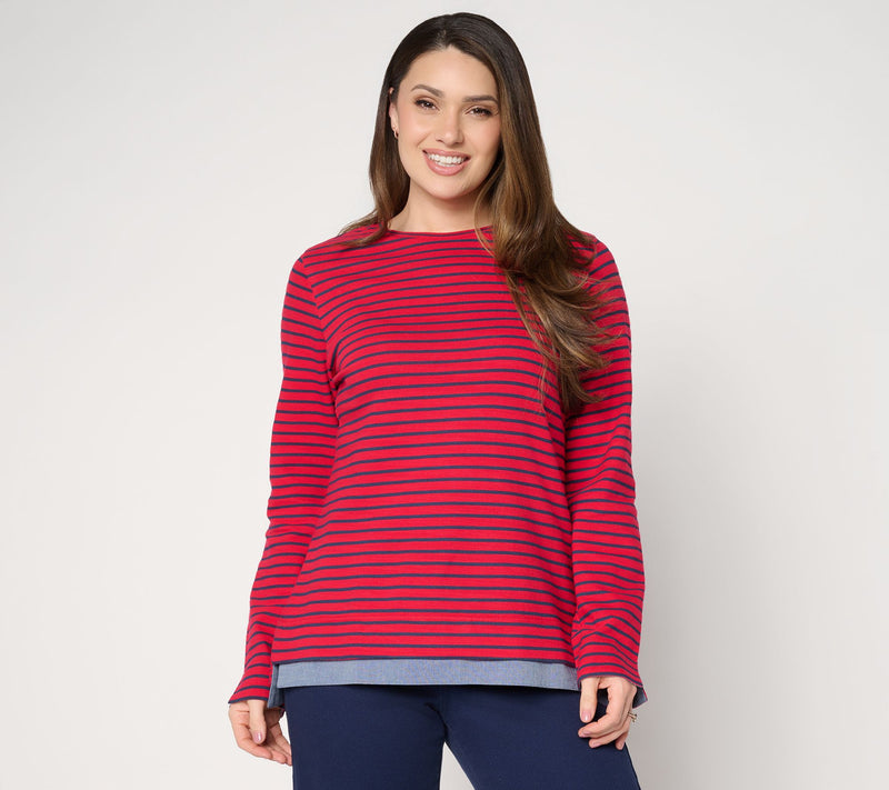Denim & Co. Striped Textured Cotton & Chambray Twofer Top — Main view
