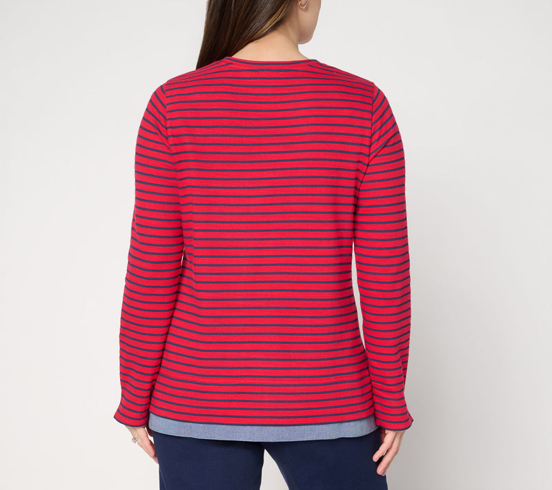 Denim & Co. Striped Textured Cotton & Chambray Twofer Top — View 3