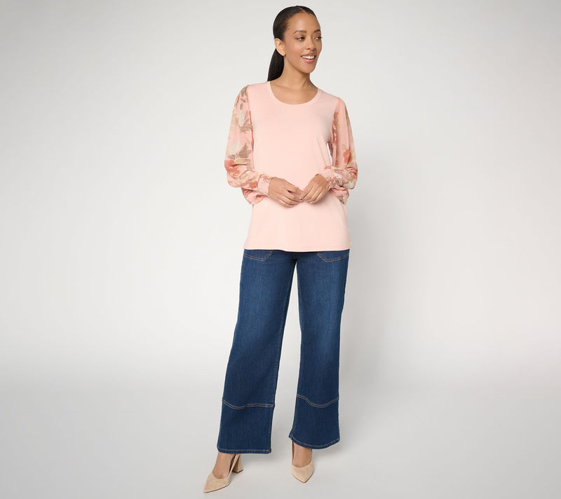 Ree by the Pioneer Woman Mixed Media Printed Sleeve Round Neck Top — View 4
