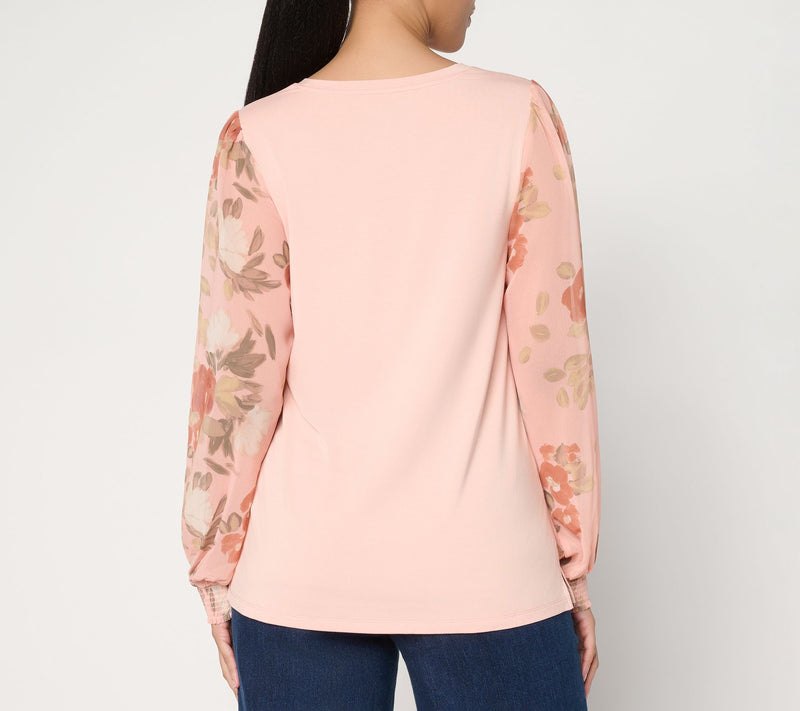 Ree by the Pioneer Woman Mixed Media Printed Sleeve Round Neck Top — View 3