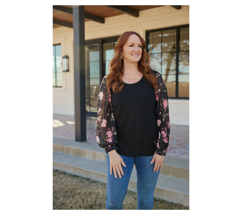 Ree by the Pioneer Woman Mixed Media Printed Sleeve Round Neck Top — View 7