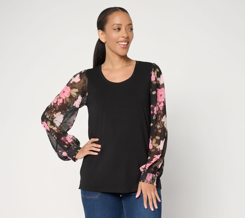 Ree by the Pioneer Woman Mixed Media Printed Sleeve Round Neck Top — View 13