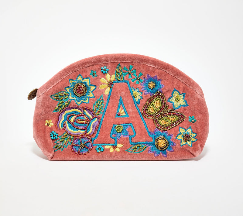 America & Beyond Velvet Embellished Initial Pouch — Main view