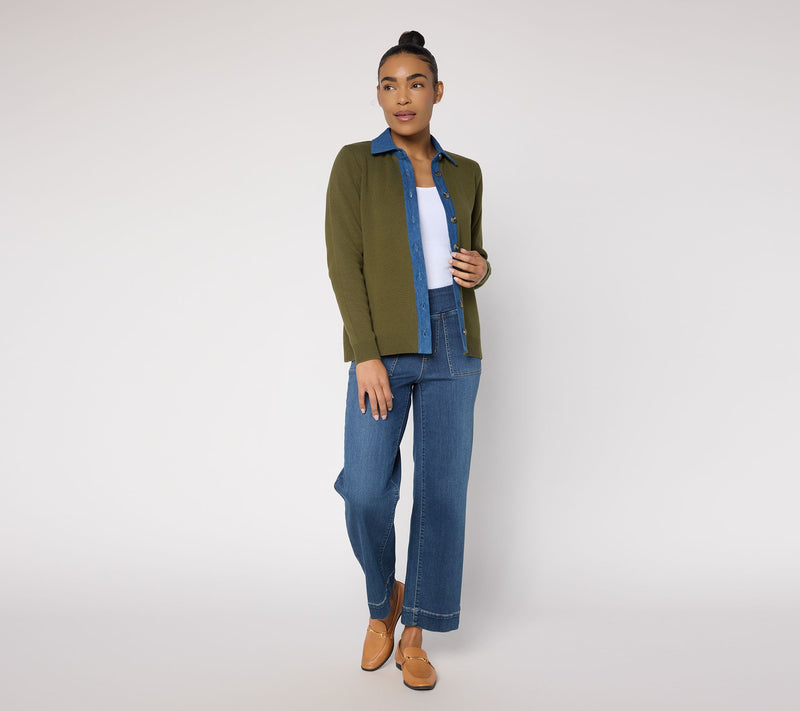 Joan Rivers Sweater Cardigan with Collared Denim Inset — View 10