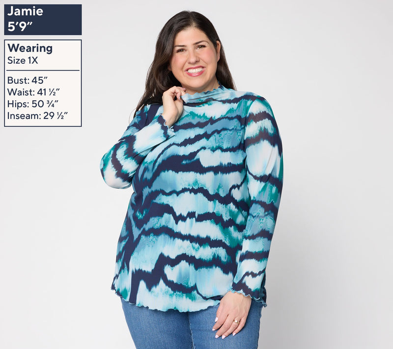 LOGO Layers by Lori Goldstein Lettuce Edge Printed Mesh Long Sleeve Top — View 4