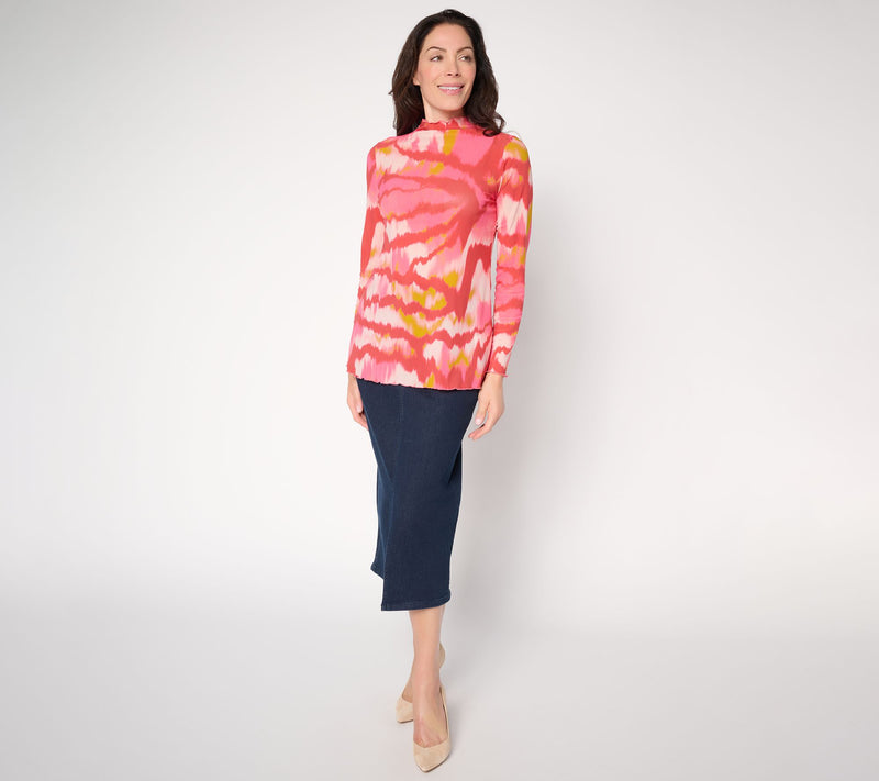 LOGO Layers by Lori Goldstein Lettuce Edge Printed Mesh Long Sleeve Top — View 7