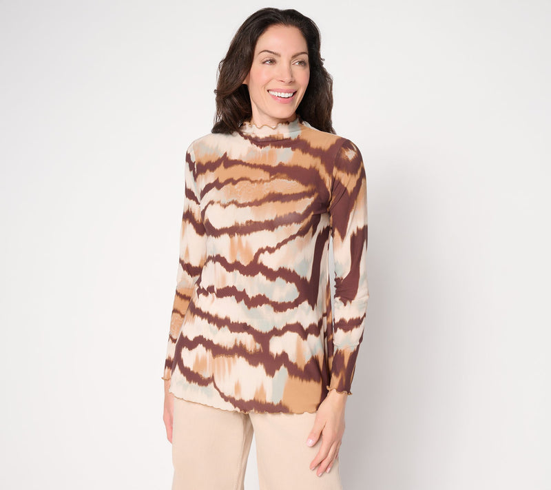 LOGO Layers by Lori Goldstein Lettuce Edge Printed Mesh Long Sleeve Top — View 13