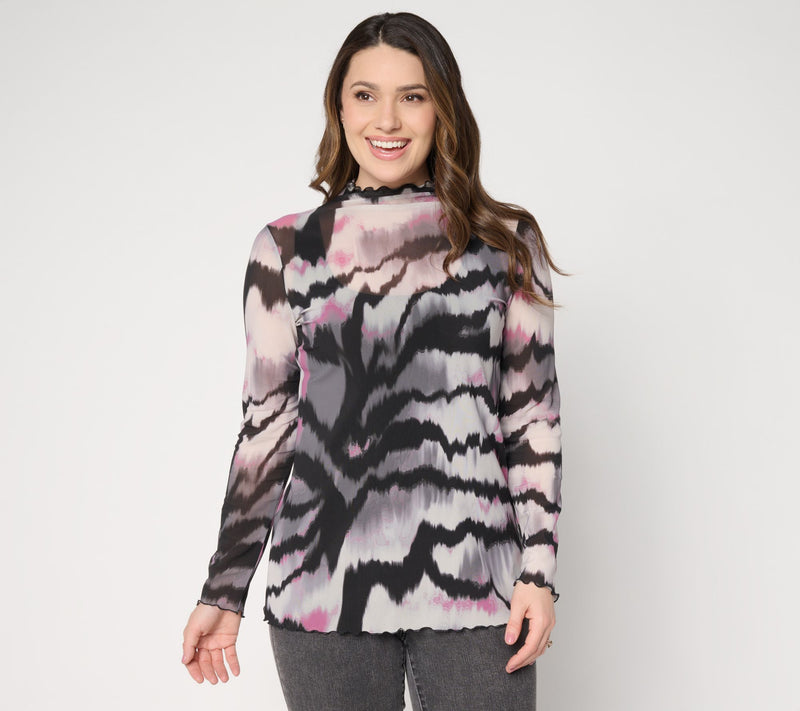 LOGO Layers by Lori Goldstein Lettuce Edge Printed Mesh Long Sleeve Top — View 3
