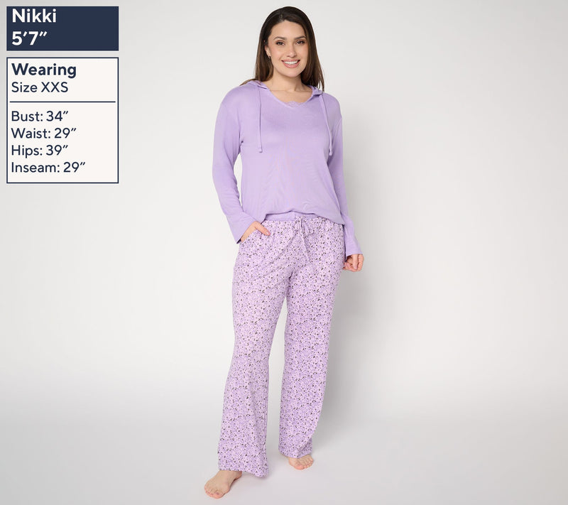 MUK LUKS Long Sleeve Hooded Lace Neckline Pajama Set — View 2