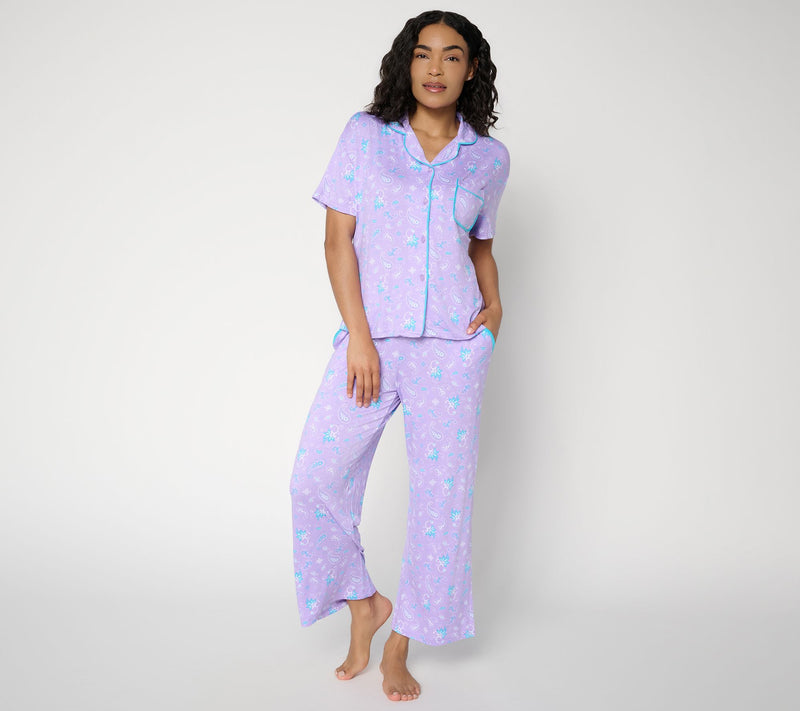 MUK LUKS Contrast Trim Notch Collar and Cropped Pant Pajama Set — View 10