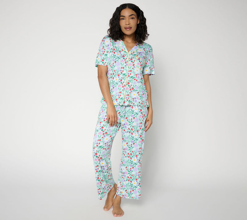 MUK LUKS Contrast Trim Notch Collar and Cropped Pant Pajama Set — Main view