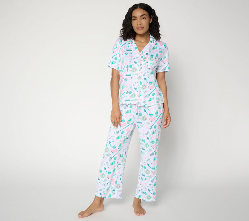MUK LUKS Contrast Trim Notch Collar and Cropped Pant Pajama Set — View 12