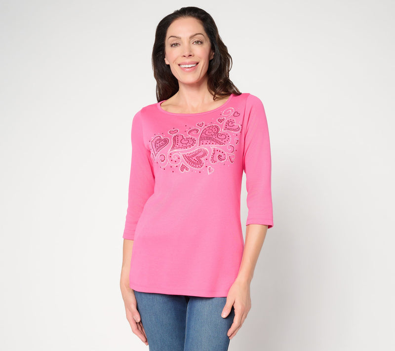 Quacker Factory Heart 2 Heart Bateau Rhinestone 3/4 Sleeve Top — Main view