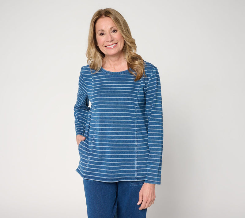 Denim & Co. Comfy Knit Air Striped Long Sleeve Top w/ Pockets — View 10