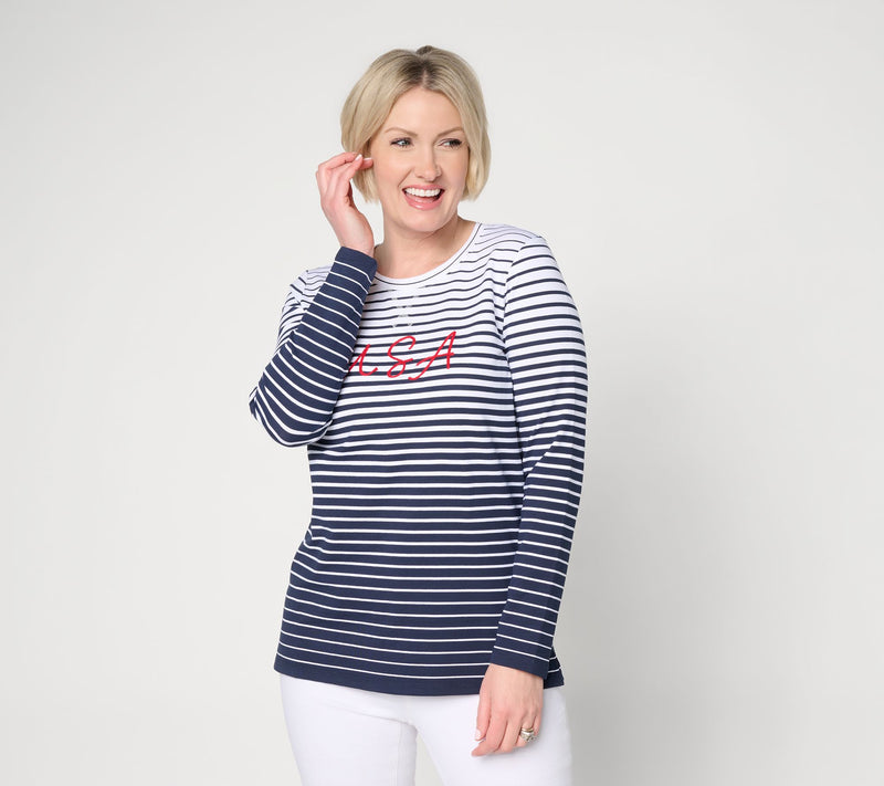Denim & Co. Americana Striped French Terry Crew Neck Top — View 5