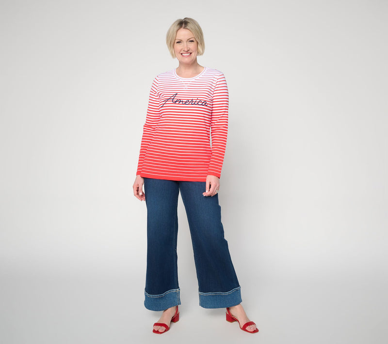 Denim & Co. Americana Striped French Terry Crew Neck Top — View 10