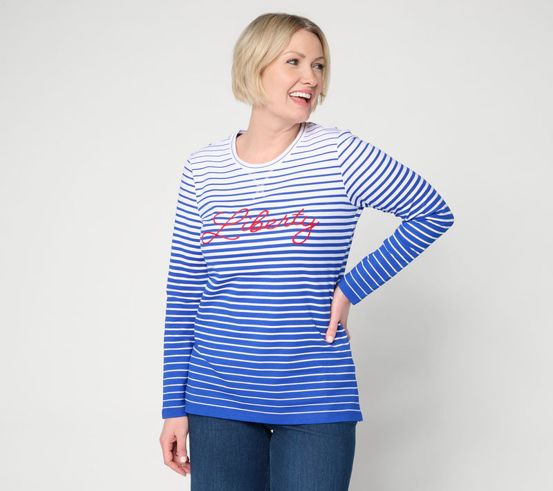 Denim & Co. Americana Striped French Terry Crew Neck Top — View 3