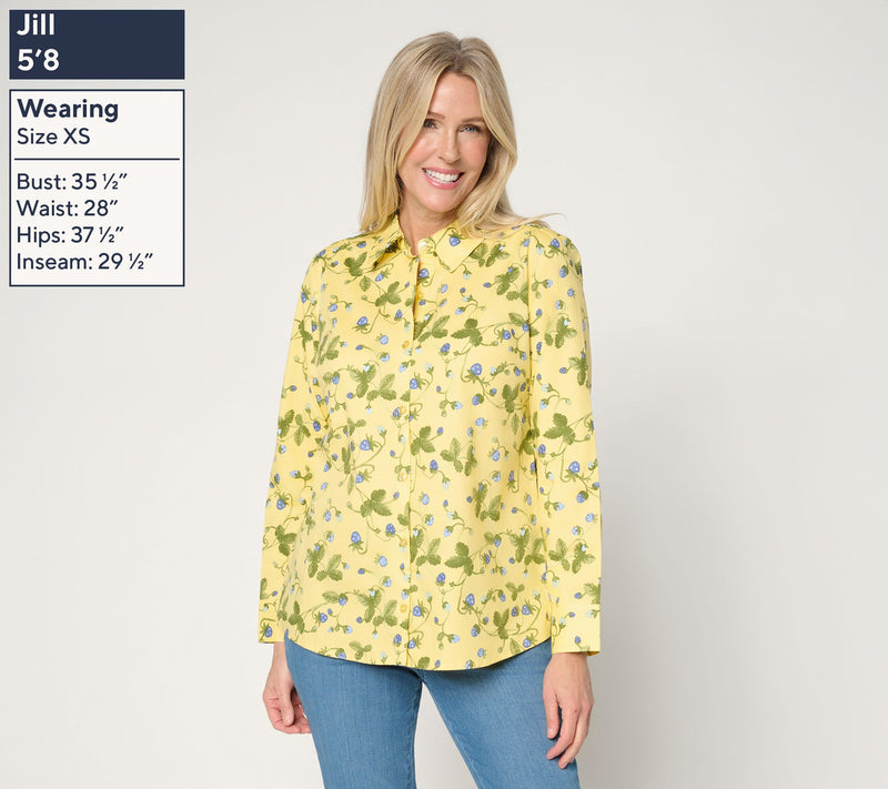 Denim & Co. Printed Button Front Long Sleeve Poplin Top — View 3